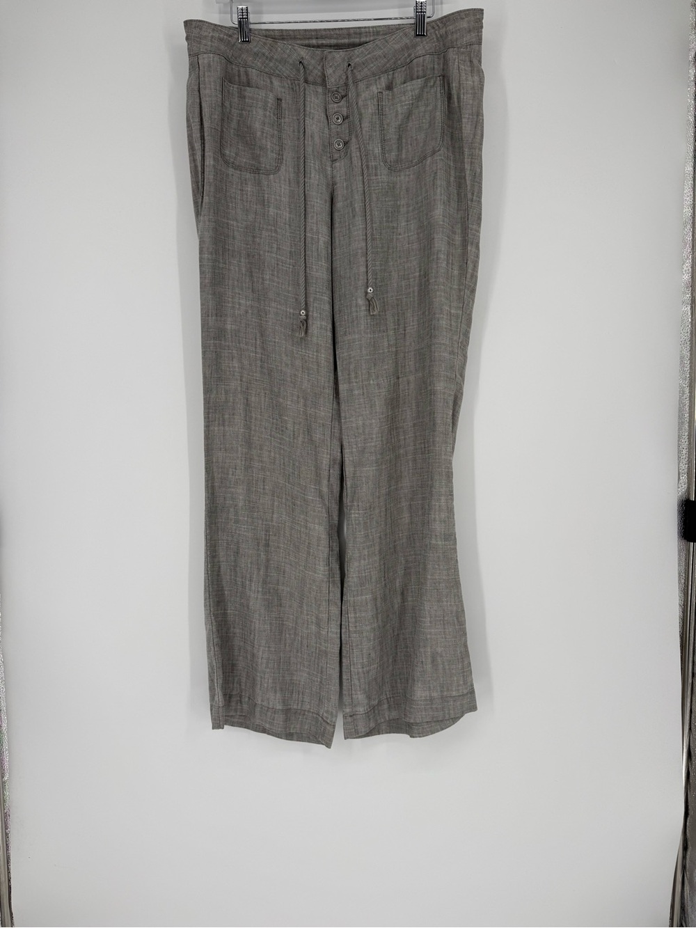 Women’s Level 99 Low Rise Casual Drawstring Button Fly Wide Leg Pants in Gray